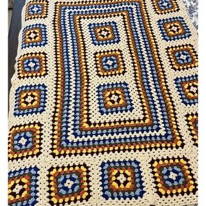 Grandma Decor Square Handmade Crochet Quilt Afghan Throw Colorful Cream Border
